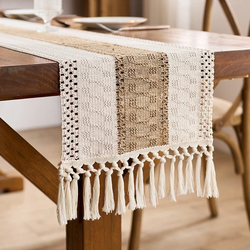 Table runner 「豊穣」　帯リメイク Theron Boho Woven Table Runner with Tassels | Farmhouse Table
