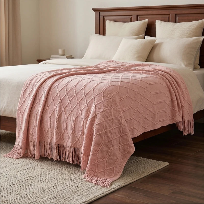 Pink Ridley Knitted Throw Blanket with Tassels lifestyle photo