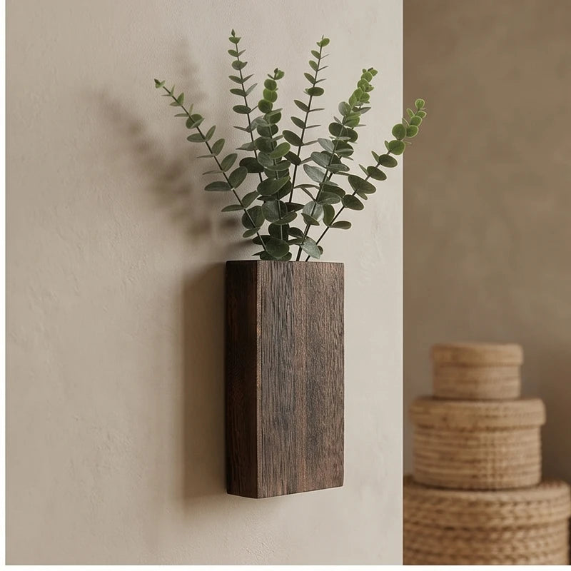 2 pcs coffee Wood Wall Planter for Greenery and Dried Flowers, Indoor Wood Hanging Vase, Modern Farmhouse Wall Decor for Living Room Bedroom lifestyle photo - 2