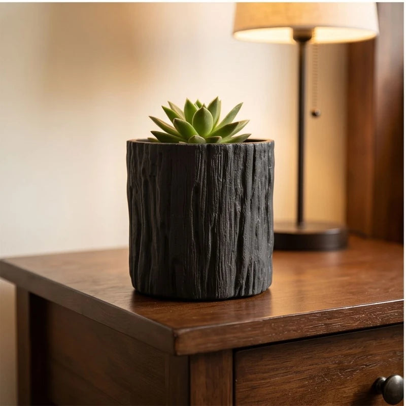 Black  11CM tall Green Plant Small Flower POTS, Mini Flower POTS Imitating Tree Bark, Exquisite Household Flower POTS lifestyle photo - 3