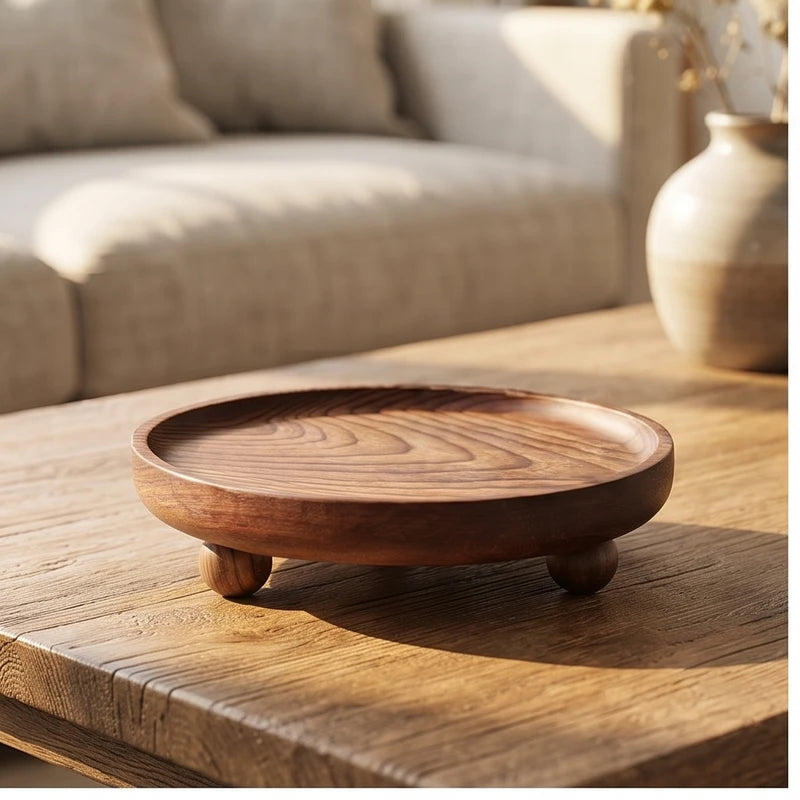 Walnut ball A wooden tray styled in a warm home setting