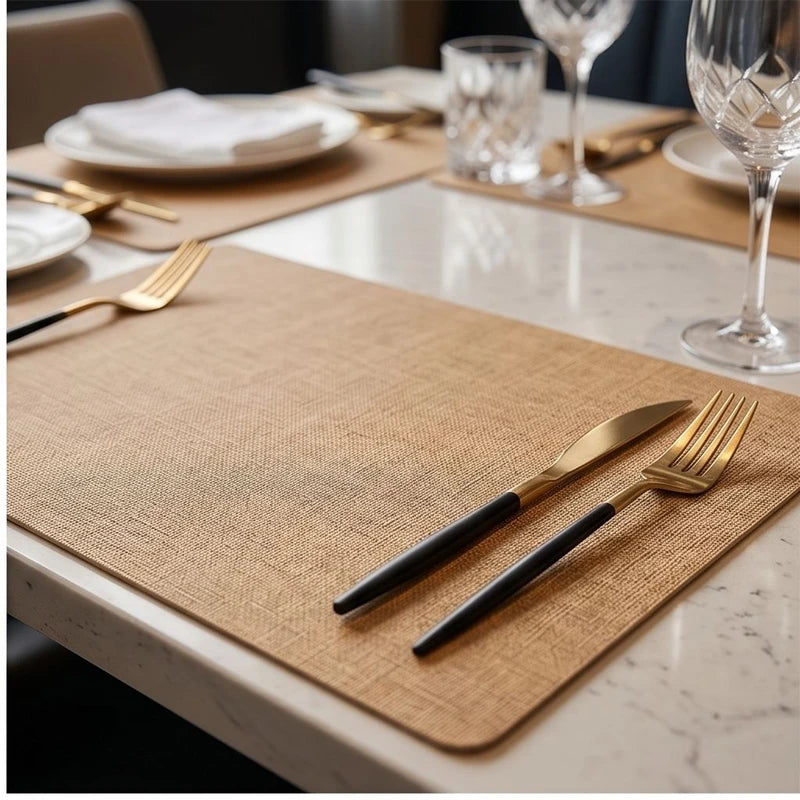 Light yellow Dual-Sided PU Canvas Texture Placemat,Waterproof Heatproof 43x30cm Non-Slip Dining Table Mat,Washable for Home and Hotel Use lifestyle photo - 2