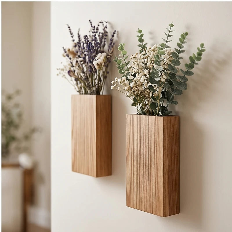 2 pcs brown Wood Wall Planter for Greenery and Dried Flowers, Indoor Wood Hanging Vase, Modern Farmhouse Wall Decor for Living Room Bedroom lifestyle photo - 4