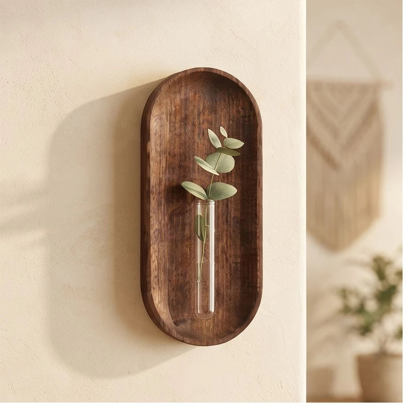 Long - Large wood vase styled in a warm home setting