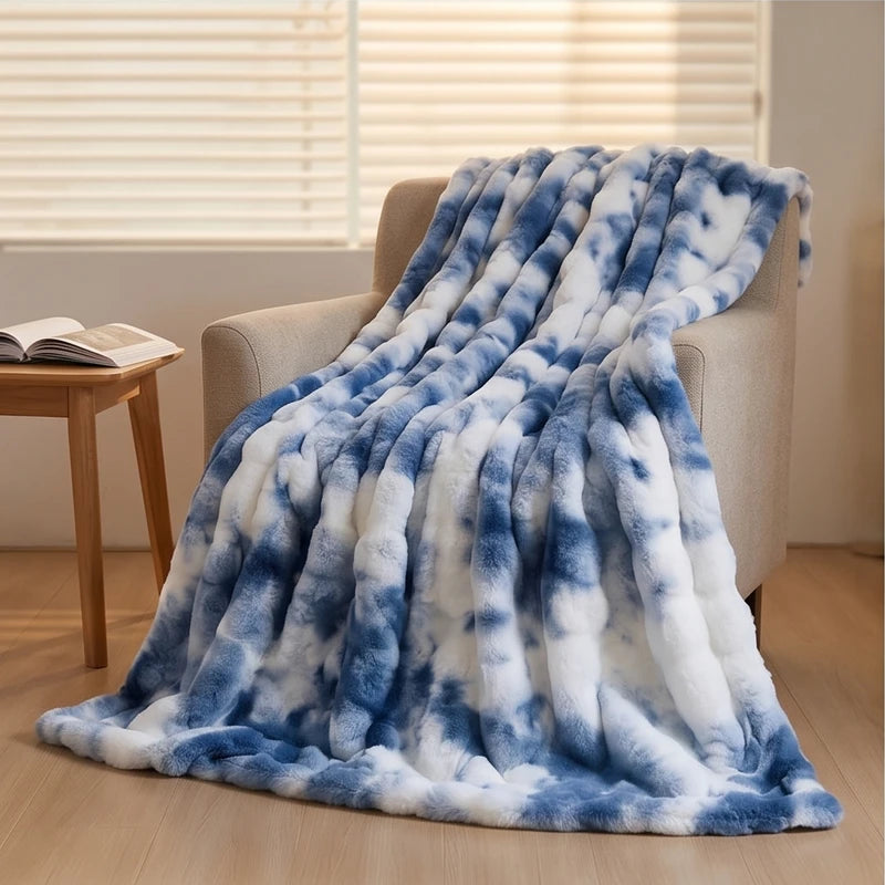 Tie Dye Blue Plush Textured Throw Blanket lifestyle photo - 2