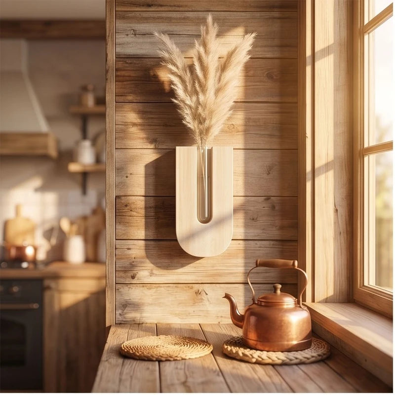 Beige Wooden Flower Planters Bohemia Style Hanging Flower Tube Vase with Wood Stand Hydroponic Plant Rack lifestyle photo