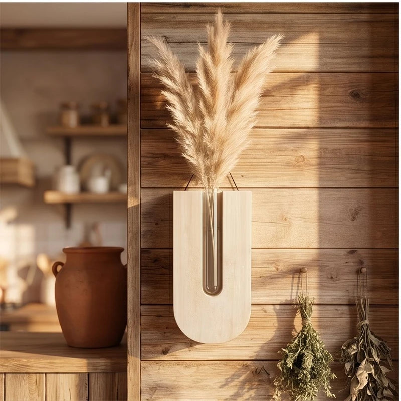 Beige Wooden Flower Planters Bohemia Style Hanging Flower Tube Vase with Wood Stand Hydroponic Plant Rack lifestyle photo - 3