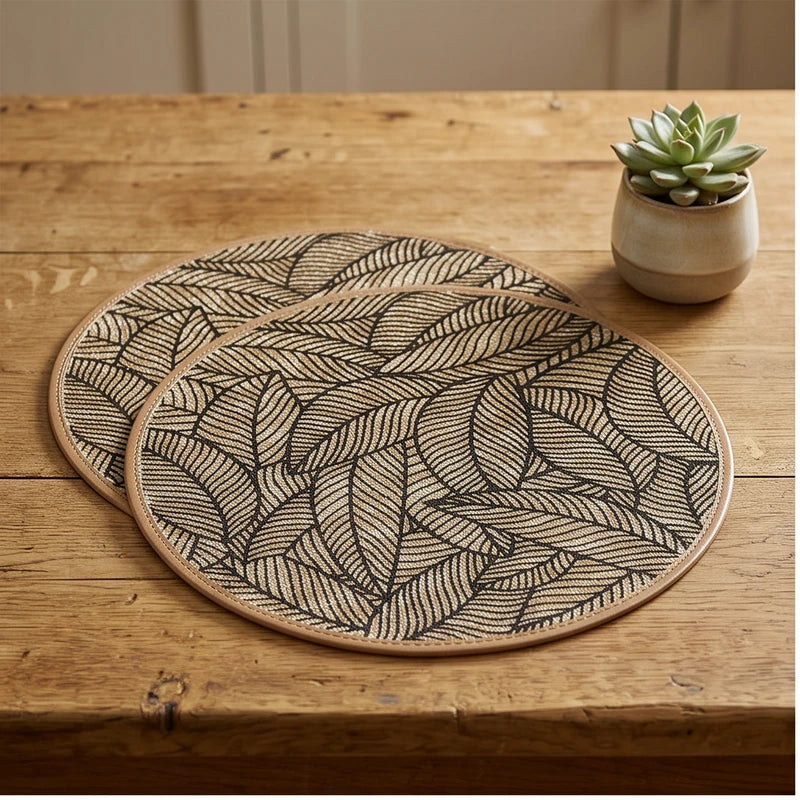 black 2 2/4/6/8pcs Bohemian Jute Printed Placemats with Faux Leather Edges, Heat Insulation Mats, Decorative Mats lifestyle photo