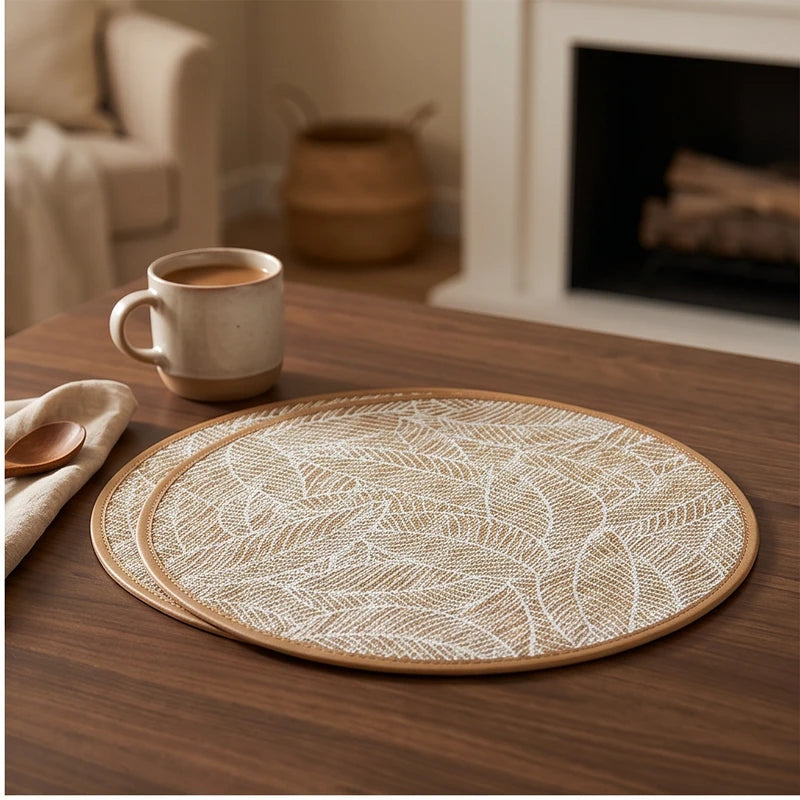 white 3 2/4/6/8pcs Bohemian Jute Printed Placemats with Faux Leather Edges, Heat Insulation Mats, Decorative Mats lifestyle photo - 2