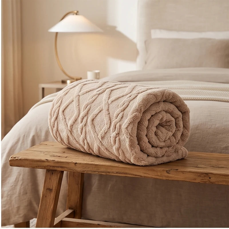 Khaki fleece blanket styled in a warm home setting - 2