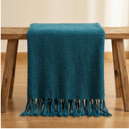 Navy Ashlar Knitted Throw Blanket with Tassels lifestyle photo - 2