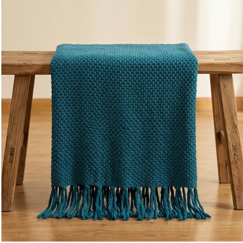 Navy Ashlar Knitted Throw Blanket with Tassels lifestyle photo - 2