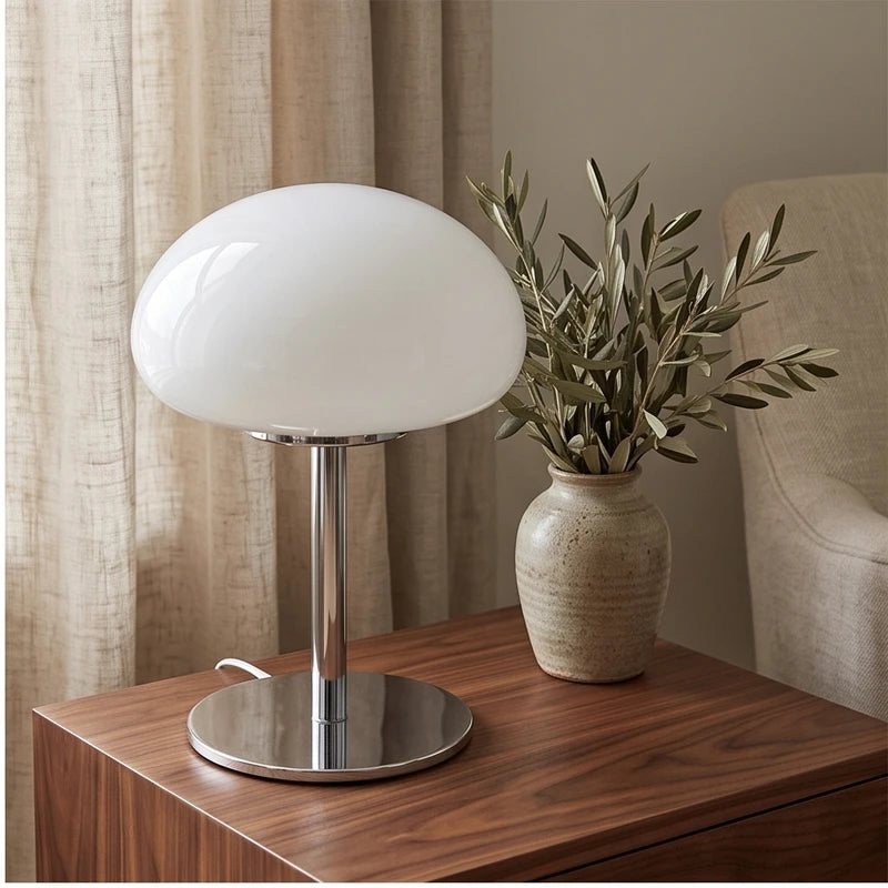 White glass lamp styled in a warm home setting - 2