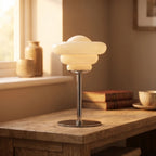 Cream lamp styled in a warm home setting