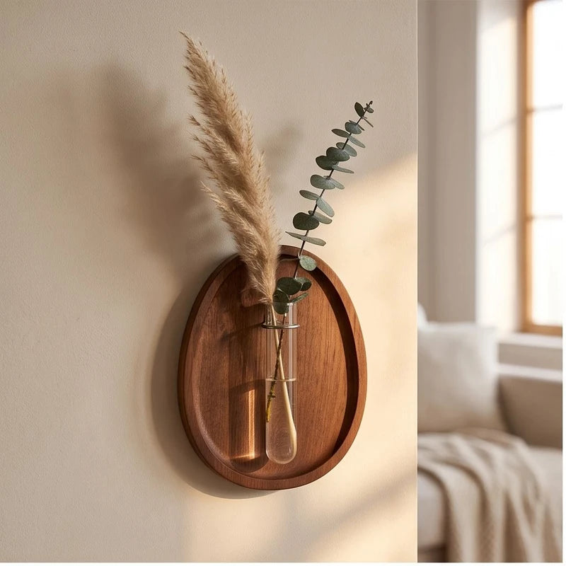 Round - Small wood vase styled in a warm home setting