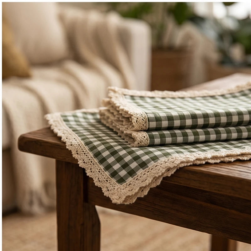 Green BUYNOW 4PCS Gingham Lace Trim Placemats Set Dining Vintage Style Table Mats Coasters for Modern Kitchen Durable Restaurant Decor lifestyle photo - 2