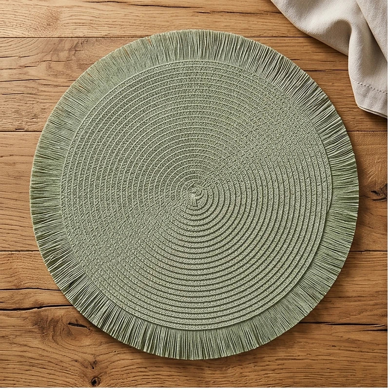 Green Woven Placemats Woven Tassel Placemat for Kitchen Dining Heat Resistant Braided Round Table Mats with Non-slip Minimalist Style lifestyle photo