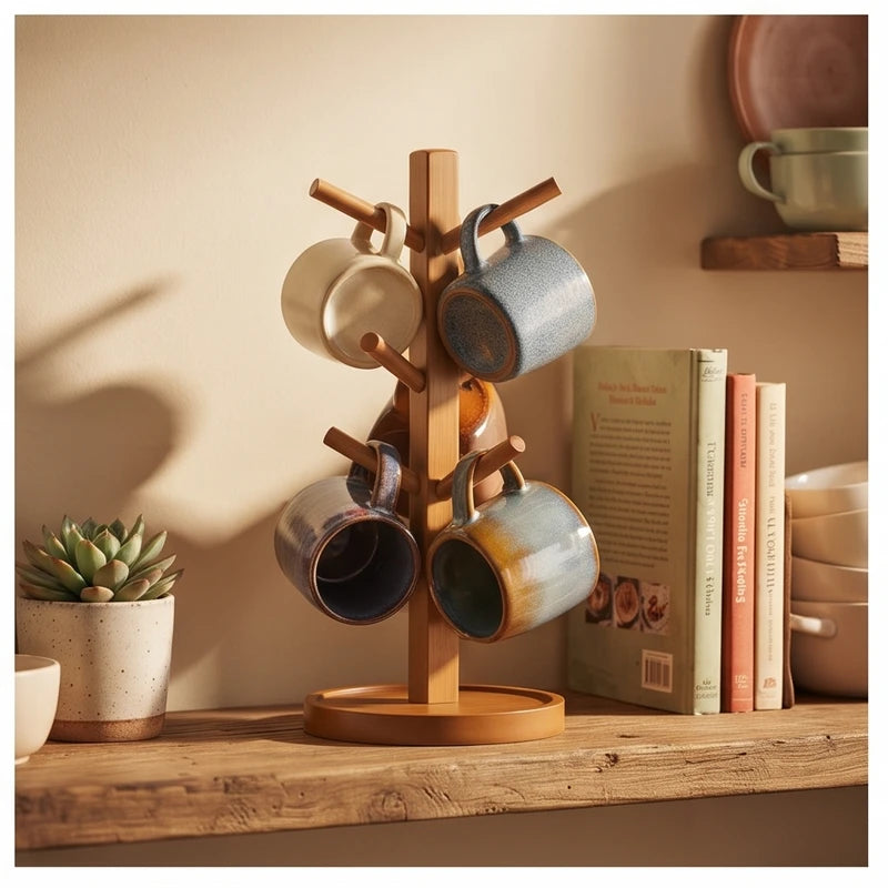 Wood 4 Hooks bamboo holder styled in a warm home setting - 2