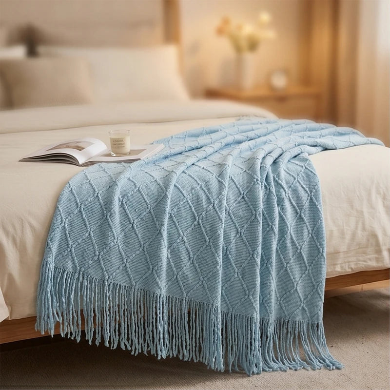 Blue Ridley Knitted Throw Blanket with Tassels lifestyle photo