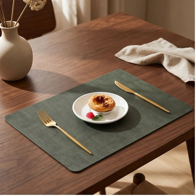 Green Dual-Sided PU Canvas Texture Placemat,Waterproof Heatproof 43x30cm Non-Slip Dining Table Mat,Washable for Home and Hotel Use lifestyle photo