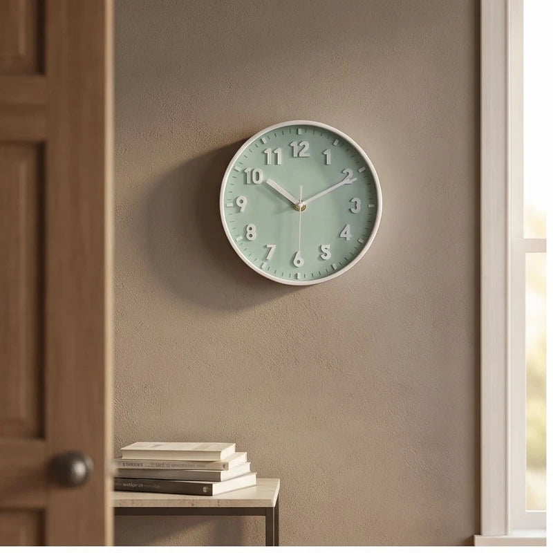 Green clock styled in a warm home setting