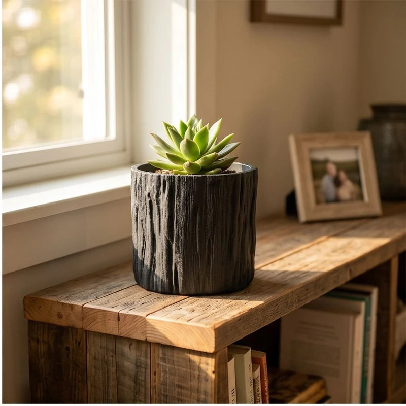 Black  11CM tall Green Plant Small Flower POTS, Mini Flower POTS Imitating Tree Bark, Exquisite Household Flower POTS lifestyle photo - 2