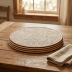 white 2 2/4/6/8pcs Bohemian Jute Printed Placemats with Faux Leather Edges, Heat Insulation Mats, Decorative Mats lifestyle photo