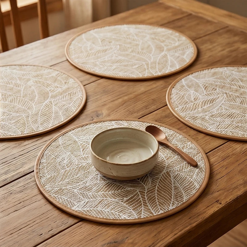 white 2 2/4/6/8pcs Bohemian Jute Printed Placemats with Faux Leather Edges, Heat Insulation Mats, Decorative Mats lifestyle photo - 2
