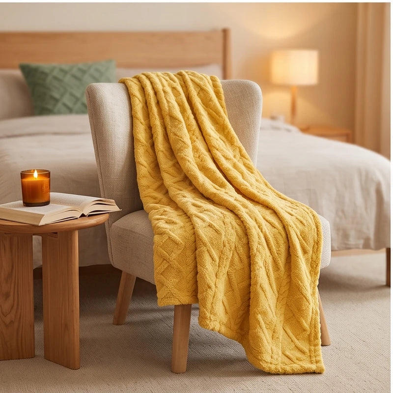 Yellow fleece throw styled in a warm home setting