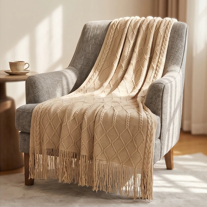 Khaki Ridley Knitted Throw Blanket with Tassels lifestyle photo - 2