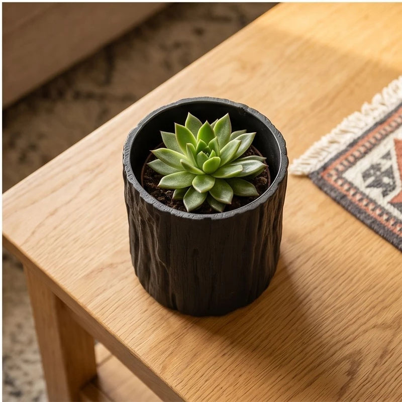 Black  11CM tall Green Plant Small Flower POTS, Mini Flower POTS Imitating Tree Bark, Exquisite Household Flower POTS lifestyle photo - 4