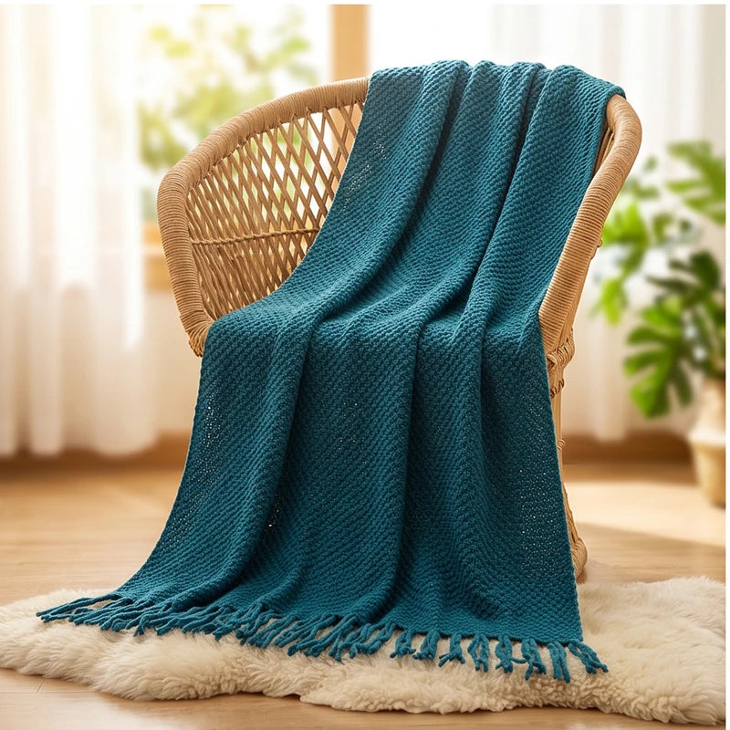 Navy Ashlar Knitted Throw Blanket with Tassels lifestyle photo - 3