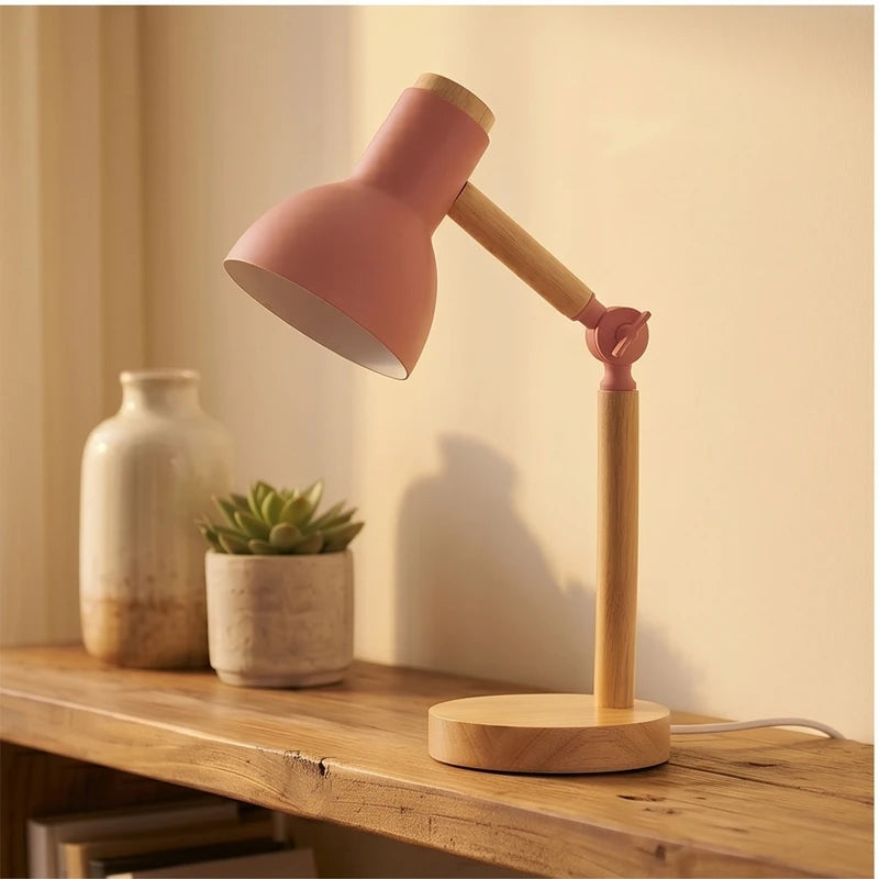 Pink Creative Nordic Table Lamp Wooden Art LED Turn Head Simple Bedside Desk Light/Eye Protection Reading&Bedroom Study Lamp lifestyle photo - 3