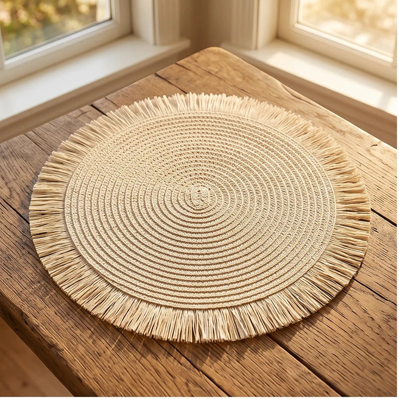 Beige Woven Placemats Woven Tassel Placemat for Kitchen Dining Heat Resistant Braided Round Table Mats with Non-slip Minimalist Style lifestyle photo