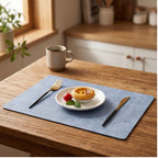 Blue Dual-Sided PU Canvas Texture Placemat,Waterproof Heatproof 43x30cm Non-Slip Dining Table Mat,Washable for Home and Hotel Use lifestyle photo