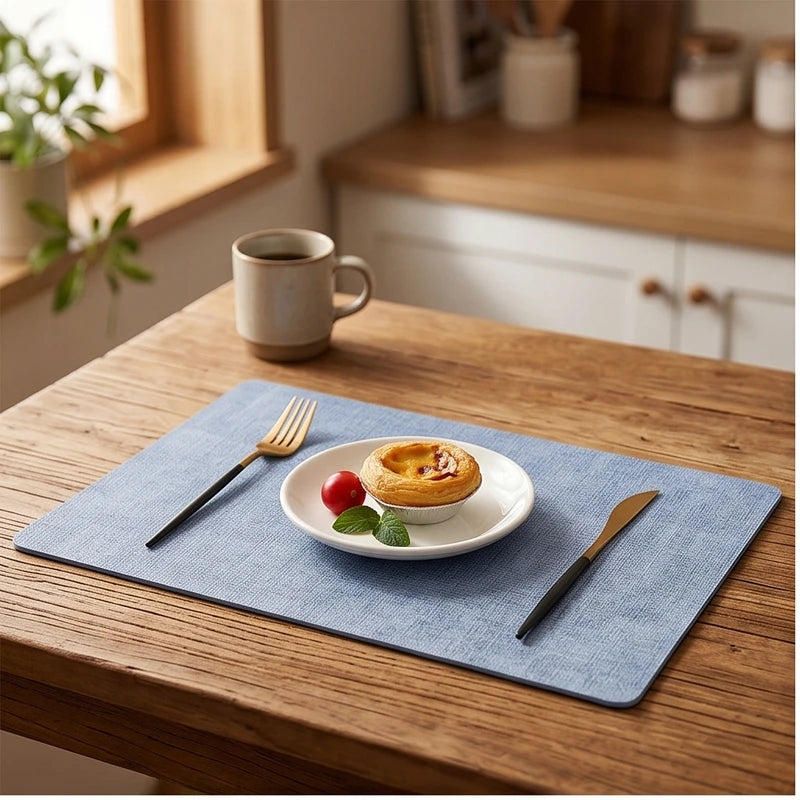 Blue Dual-Sided PU Canvas Texture Placemat,Waterproof Heatproof 43x30cm Non-Slip Dining Table Mat,Washable for Home and Hotel Use lifestyle photo