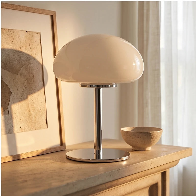 White glass lamp styled in a warm home setting - 4
