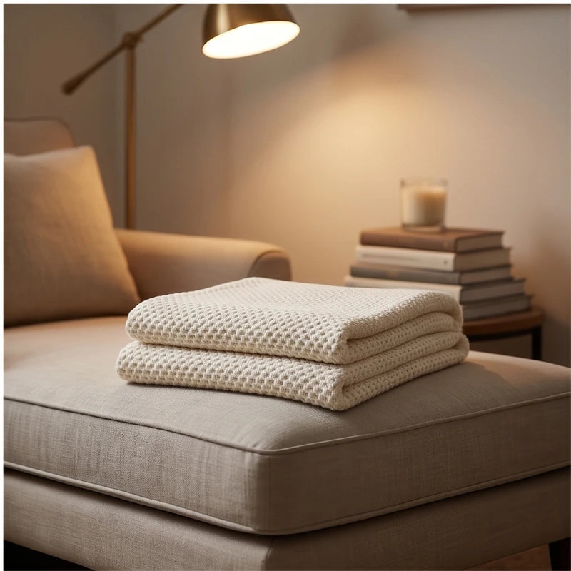 Cream Ashlar Knitted Throw Blanket with Tassels lifestyle photo - 3
