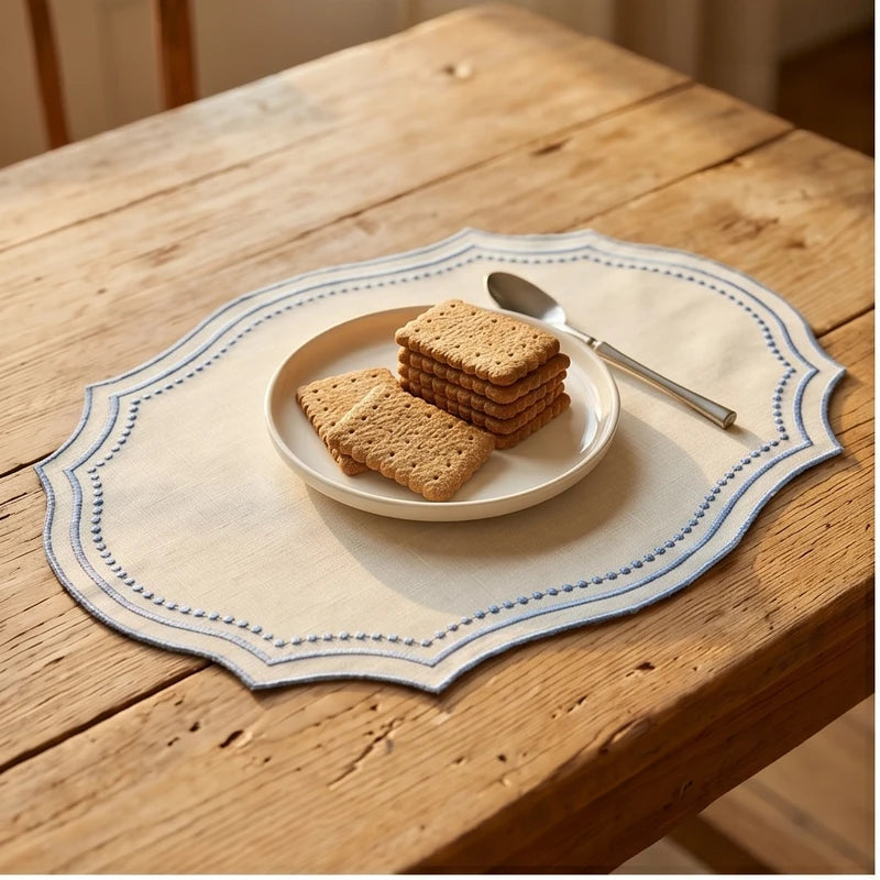 Blue Vintage Embroidered Fabric Placemat Imitation Cotton Linen Decorative Table Mat Napkins Washable French Lace Table Place Mat lifestyle photo