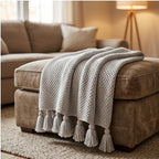 Gray Ashlar Knitted Throw Blanket with Tassels lifestyle photo - 4
