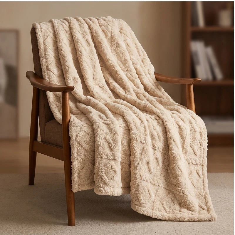 Khaki fleece throw styled in a warm home setting - 2