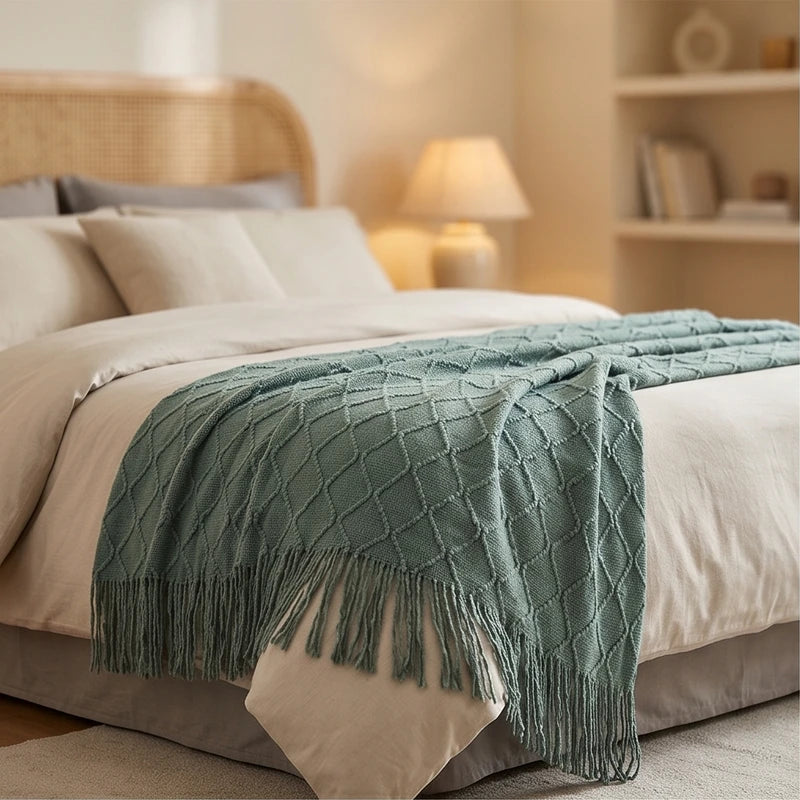 Green Ridley Knitted Throw Blanket with Tassels lifestyle photo