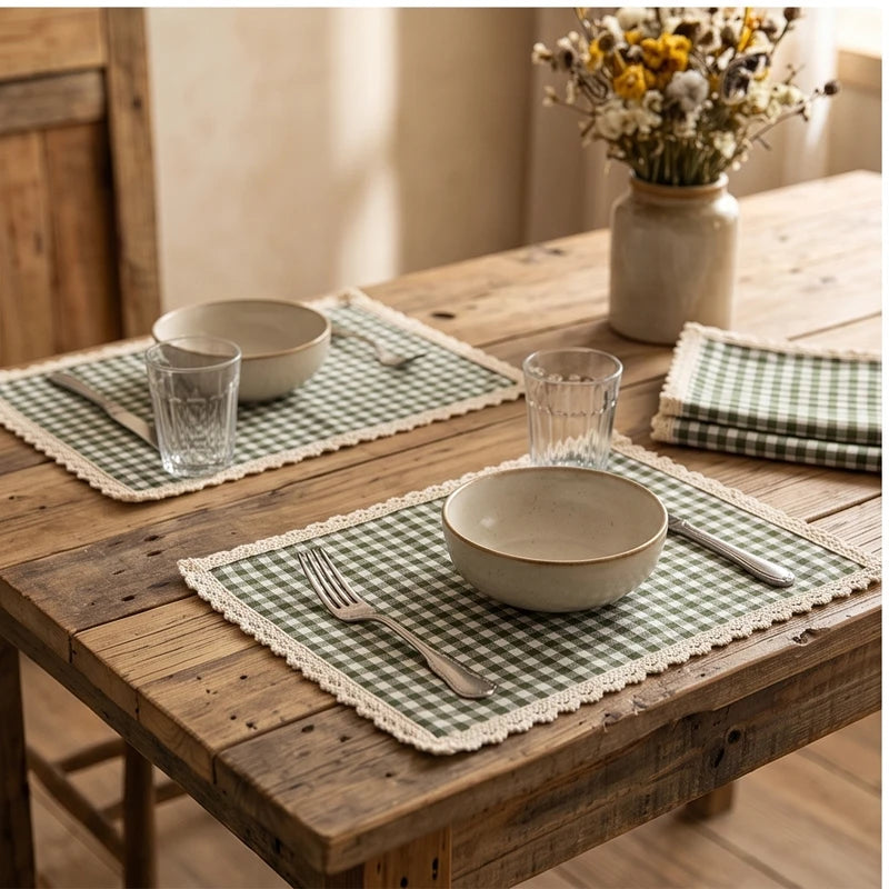 Green BUYNOW 4PCS Gingham Lace Trim Placemats Set Dining Vintage Style Table Mats Coasters for Modern Kitchen Durable Restaurant Decor lifestyle photo