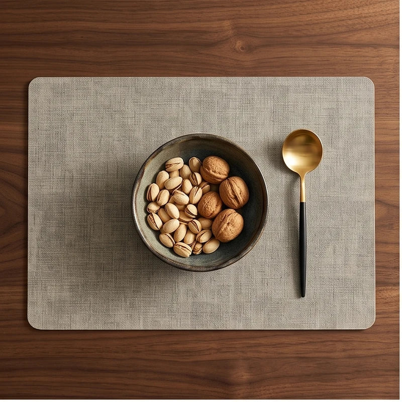 Mud color Dual-Sided PU Canvas Texture Placemat,Waterproof Heatproof 43x30cm Non-Slip Dining Table Mat,Washable for Home and Hotel Use lifestyle photo