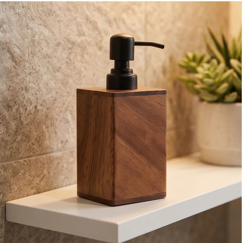 Vintage Wooden Soap Dispenser Black Pump, Solid Wood Frame, Refillable Liquid Soap Dispenser, Bathroom Kitchen Countertop Holder wooden frame styled in a warm home setting - 3