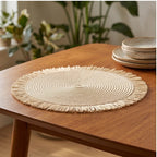 Beige Woven Placemats Woven Tassel Placemat for Kitchen Dining Heat Resistant Braided Round Table Mats with Non-slip Minimalist Style lifestyle photo - 3