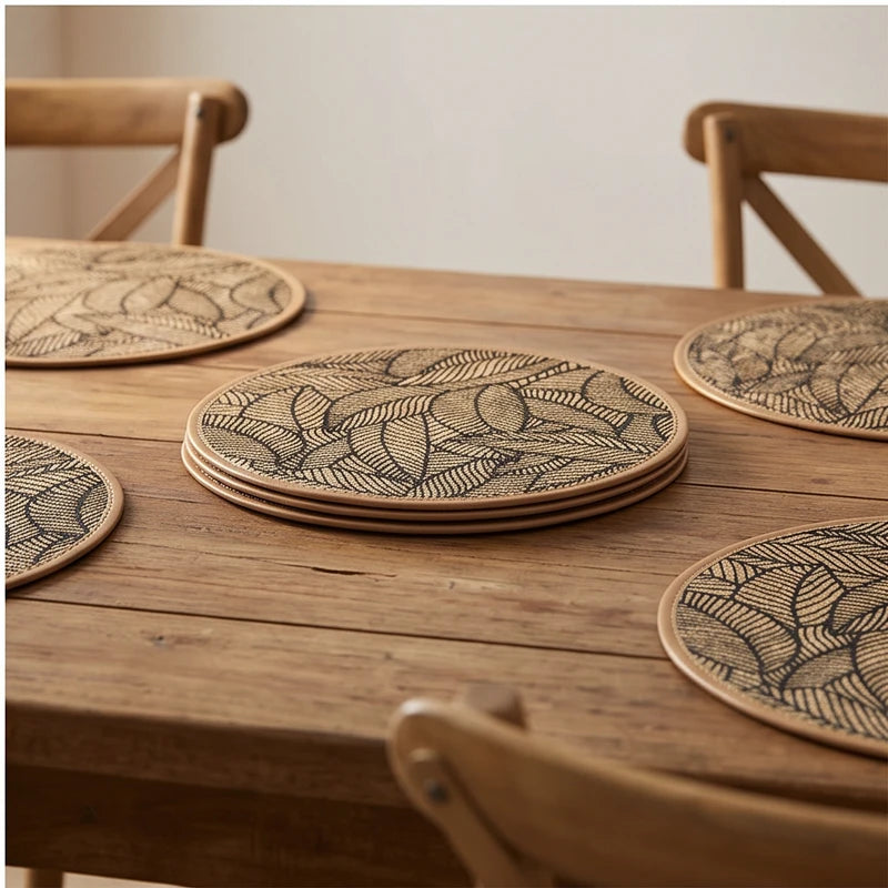 black 3 2/4/6/8pcs Bohemian Jute Printed Placemats with Faux Leather Edges, Heat Insulation Mats, Decorative Mats lifestyle photo - 4