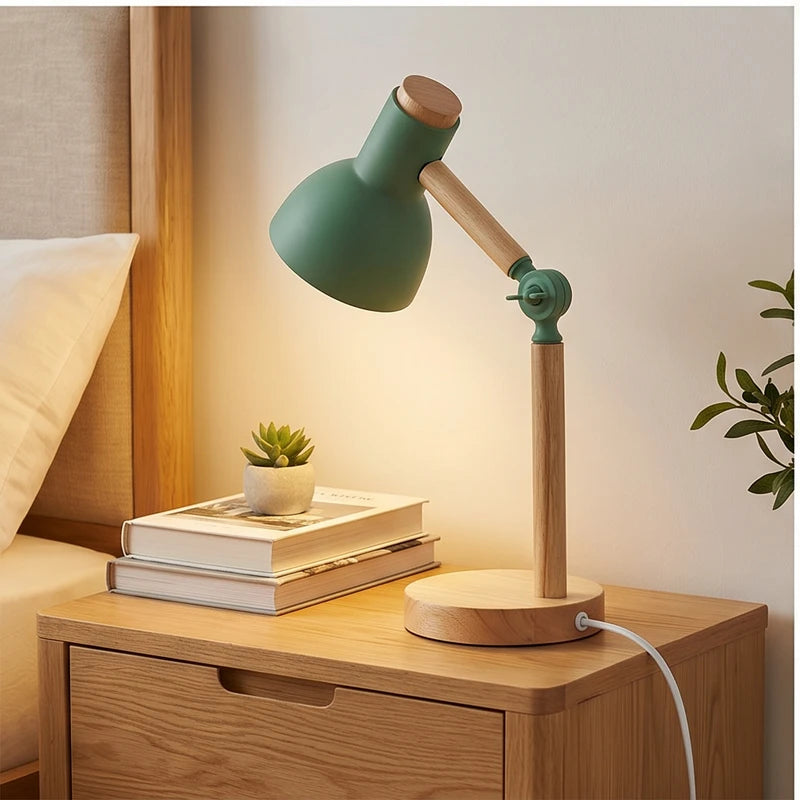Green Creative Nordic Table Lamp Wooden Art LED Turn Head Simple Bedside Desk Light/Eye Protection Reading&Bedroom Study Lamp lifestyle photo - 3