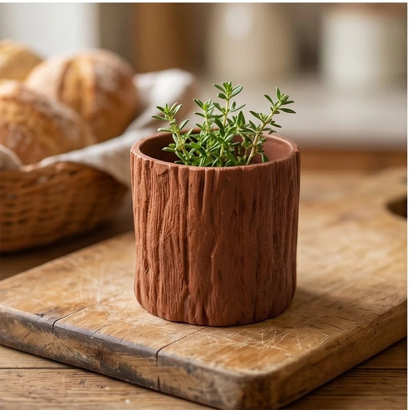 Brown  11CM tall Green Plant Small Flower POTS, Mini Flower POTS Imitating Tree Bark, Exquisite Household Flower POTS lifestyle photo - 3