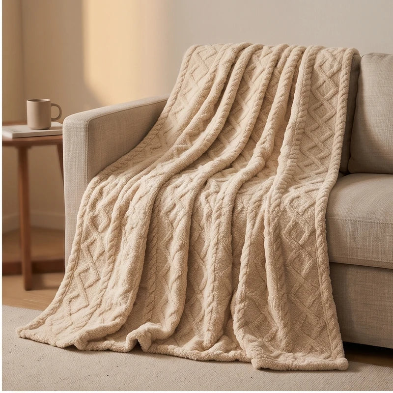 Khaki fleece throw styled in a warm home setting